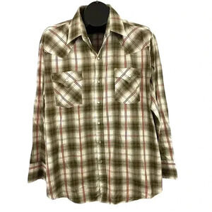 Brown Red Plaid Pearl Snap Western Long Sleeve Rancher XL Plains